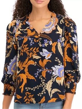 Philosophy Navy Blouse with Orange & Lavender Floral Print